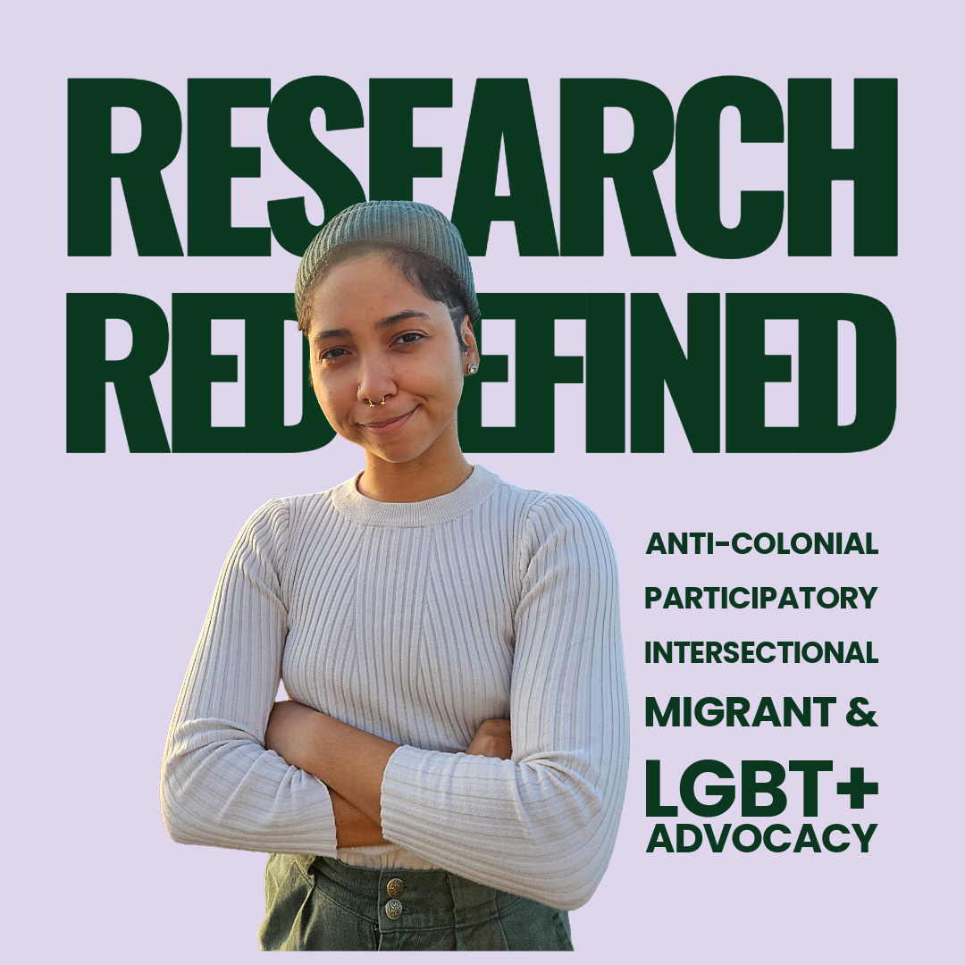 Large text says 'research redefined'. Nat is smiling at the camera in front of the text.