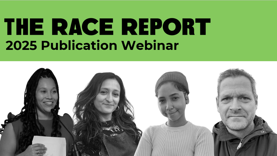 The Race Report: 2025 Publication Webinar in black text over green barckground. Four headshots of speakers underneath text 